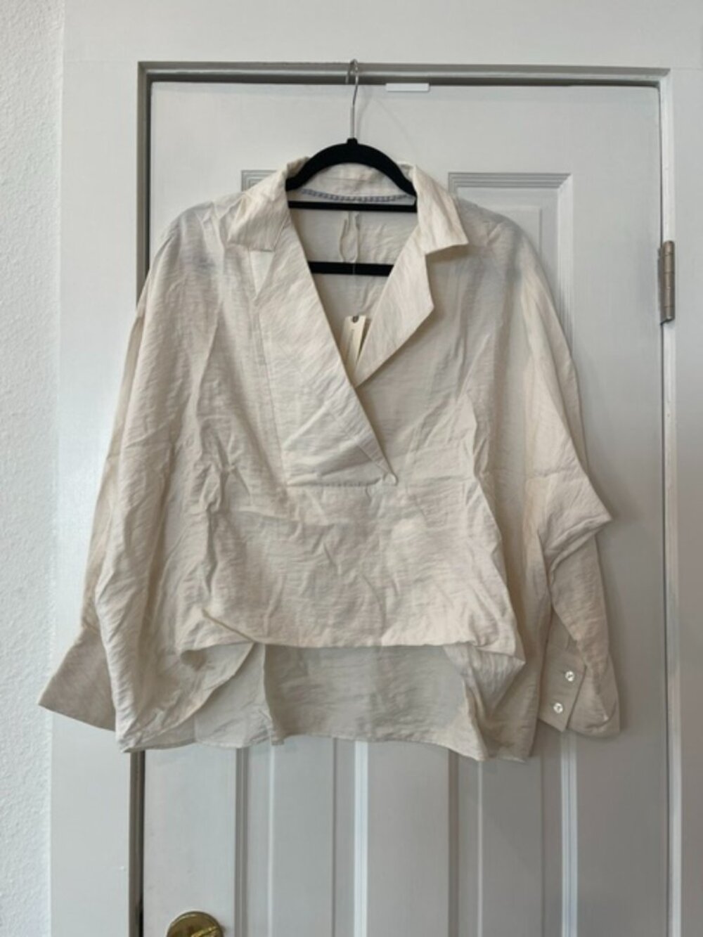 Anthropologie Cream Slub Oversized Notch V-Neck Pullover Blouse Top XS NWT